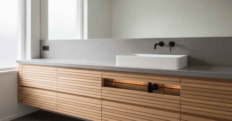 Ideas creativas para cómo ocultar tuberías vista pared en una reforma de baño moderno.