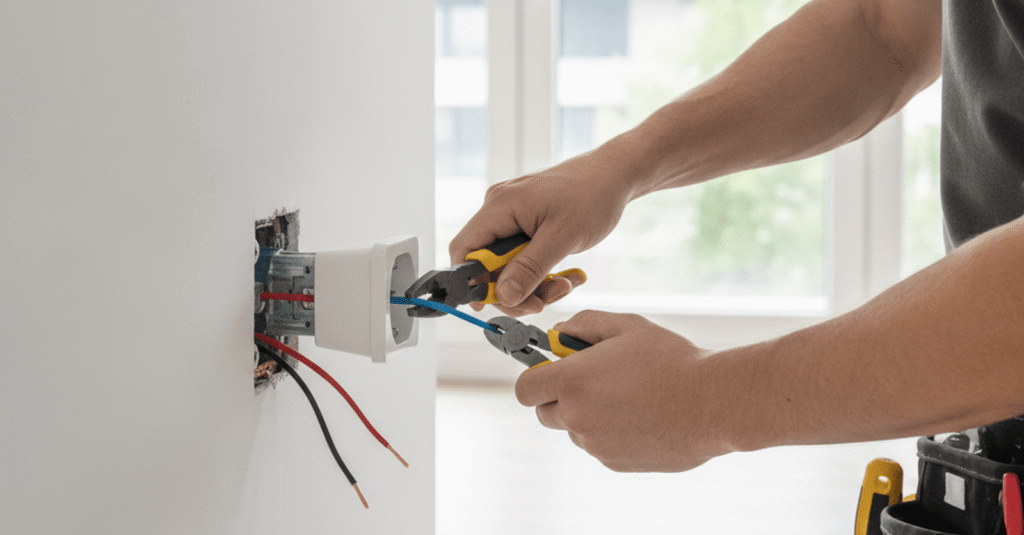 Hombre profesional instalando un enchufe en una pared blanca en un hogar moderno en Bilbao durante el fin de semana, con herramientas y cables visibles. Es una escena que ilustra claramente la tarea de instalar enchufe bilbao fin de semana.