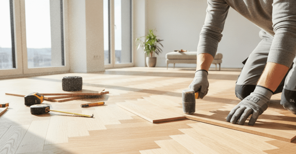 Profesional instalando suelo para colocar parquet bilbao urgente en un salón moderno.