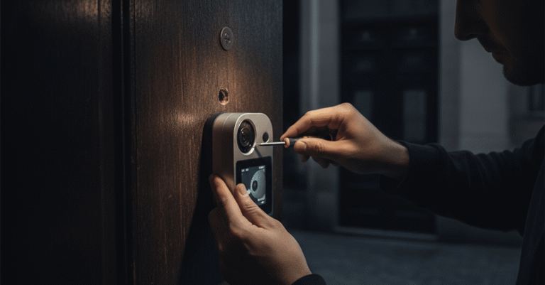 Profesional instalando una mirilla digital en la puerta de un hogar para instalar mirilla digital bilbao noche.