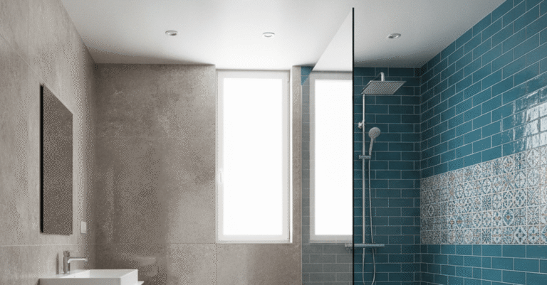 Comparativa detallada de gres porcelánico vs ceramico azulejo en un ambiente de baño moderno, mostrando las texturas y acabados de ambos materiales.