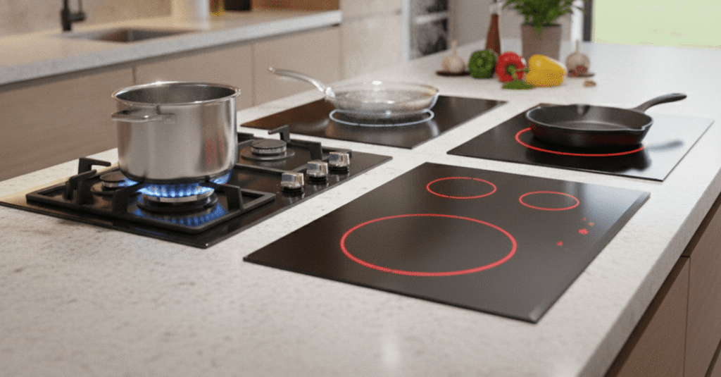 Comparativa de cocina gas vs induccion vs vitroceramica en una cocina moderna