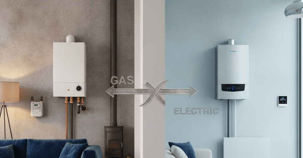 Comparativa de sistemas de calefacción: caldera gas vs caldera electrica en una vivienda moderna.