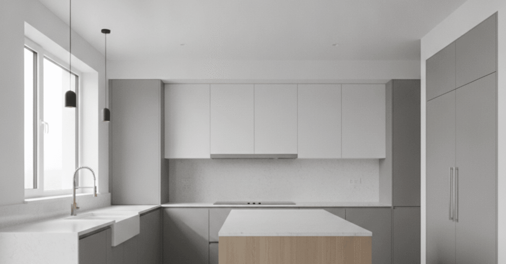 Una cocina moderna y luminosa, resultado de reformas llave en mano Bilbao, con encimera de mármol y electrodomésticos integrados.