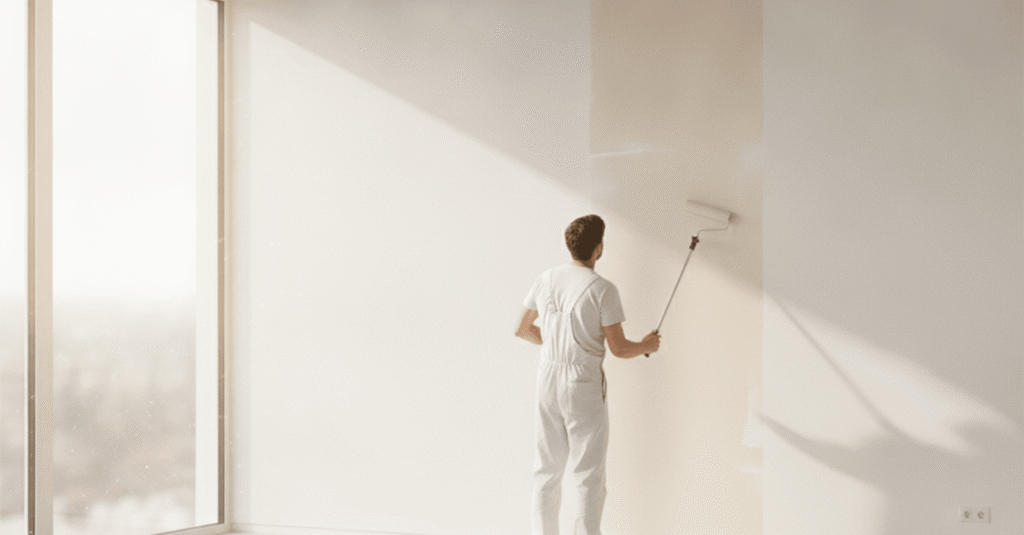 Pintor Indautxu Bilbao trabajando en la pared de un salón moderno con luz natural