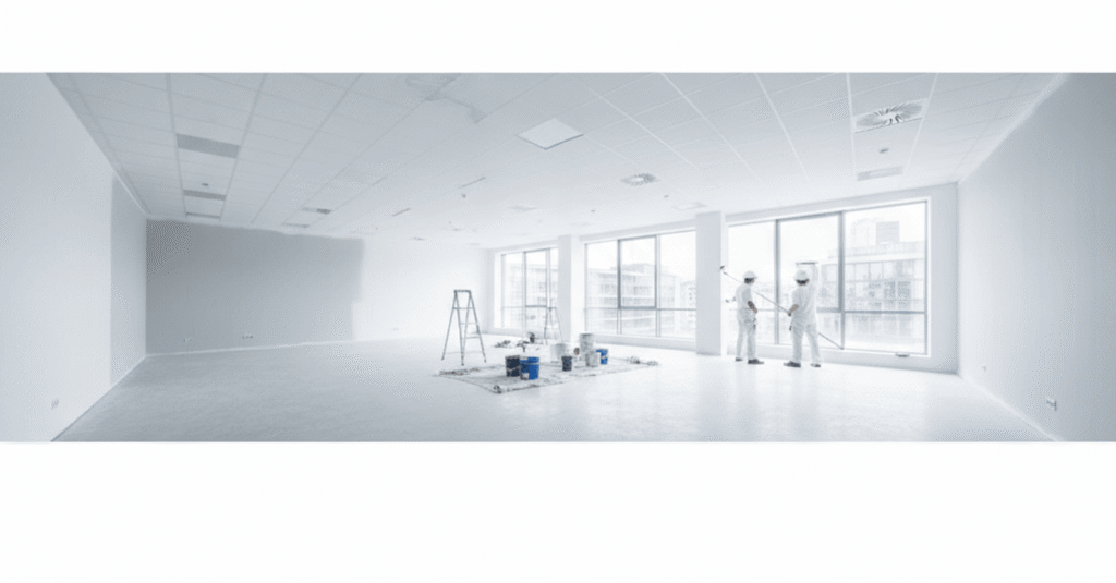 Profesionales expertos en pintar local comercial Bilbao, aplicando pintura de alta calidad en un espacio comercial moderno.