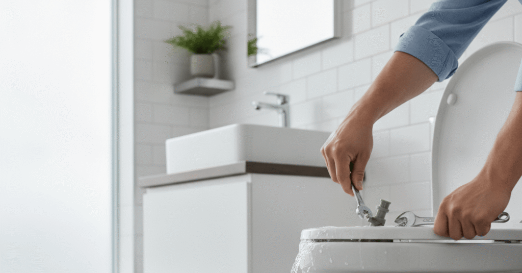 Hombre arreglando una cisterna que pierde agua como arreglarla en un baño moderno.