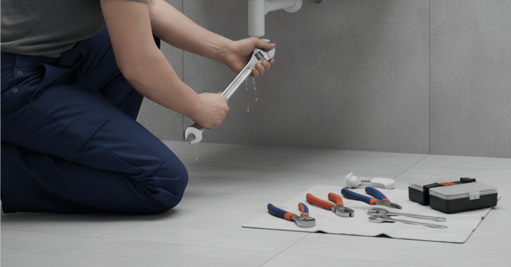 Servicio profesional de fontanero portugalete trabajando en una tubería de baño