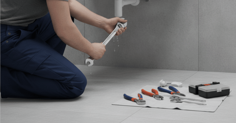 Servicio profesional de fontanero portugalete trabajando en una tubería de baño