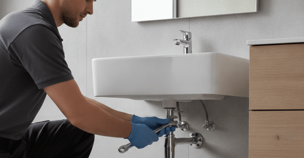 Fontanero Barakaldo reparando una tubería de agua en un baño moderno con azulejos blancos.