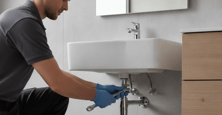 Fontanero Barakaldo reparando una tubería de agua en un baño moderno con azulejos blancos.