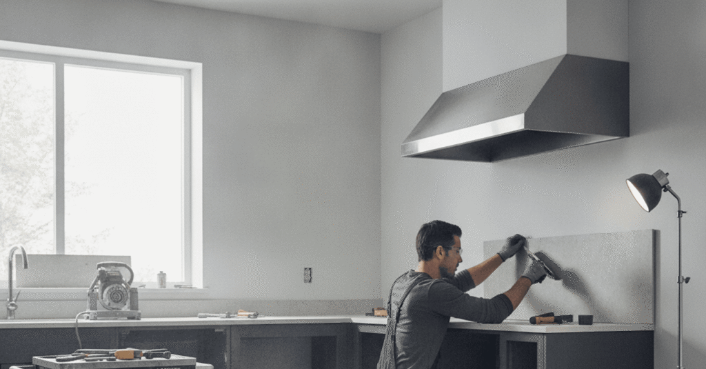Un albañil en Portugalete trabajando en la reforma de una cocina moderna, con herramientas y materiales de construcción. La escena muestra un interior luminoso y bien organizado.