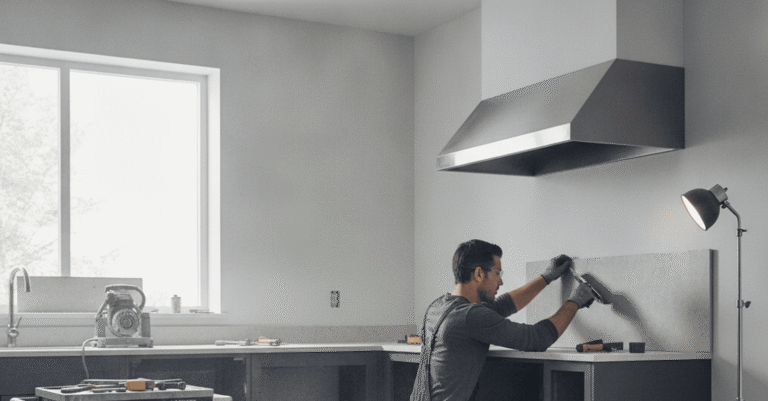 Un albañil en Portugalete trabajando en la reforma de una cocina moderna, con herramientas y materiales de construcción. La escena muestra un interior luminoso y bien organizado.