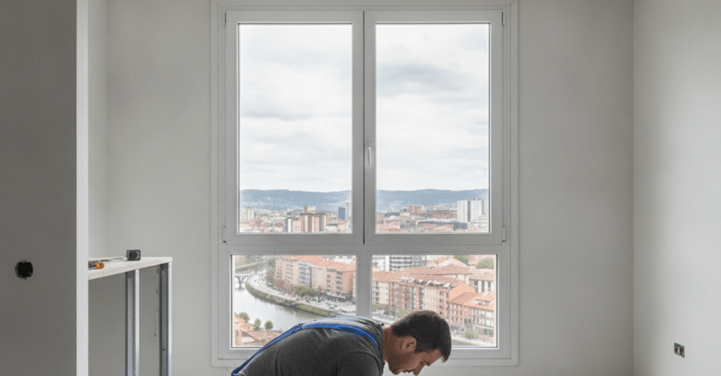 Albañil Barakaldo trabajando en una reforma de cocina, colocando azulejos con precisión.
