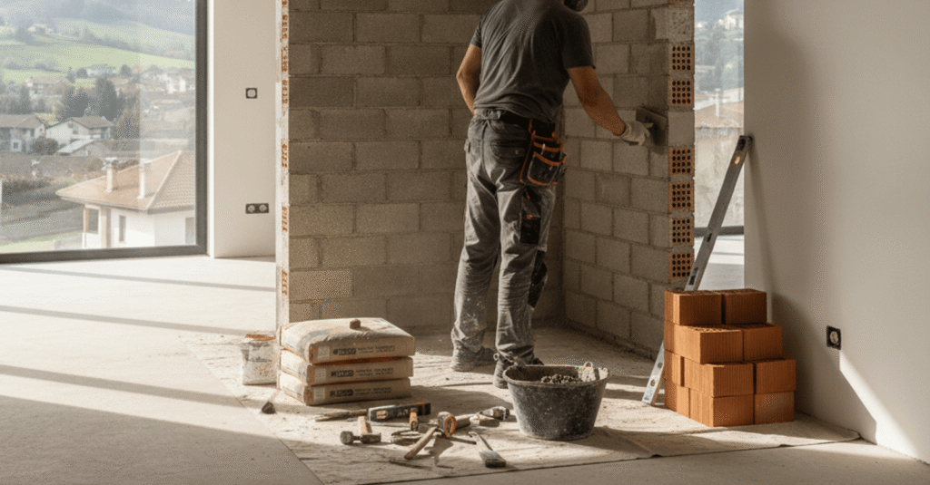 Albañil Basauri trabajando en la renovación de una pared con herramientas y materiales de construcción. La escena muestra un interior moderno en proceso de reforma.