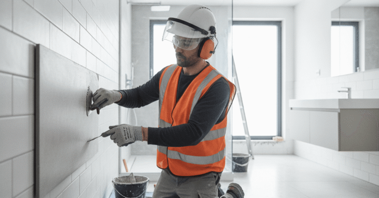 Albañil en Erandio trabajando en una reforma de baño moderna con azulejos claros y herramientas de construcción.
