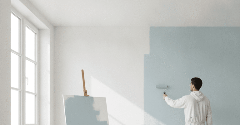 Pintor barakaldo aplicando pintura de alta calidad en una pared interior de una vivienda moderna y luminosa.