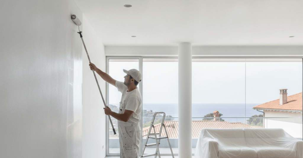 Pintor Getxo aplicando pintura en una pared interior de una vivienda moderna