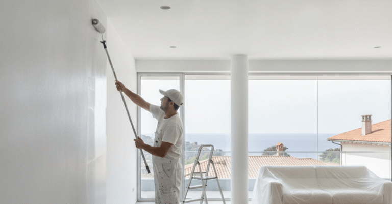 Pintor Getxo aplicando pintura en una pared interior de una vivienda moderna