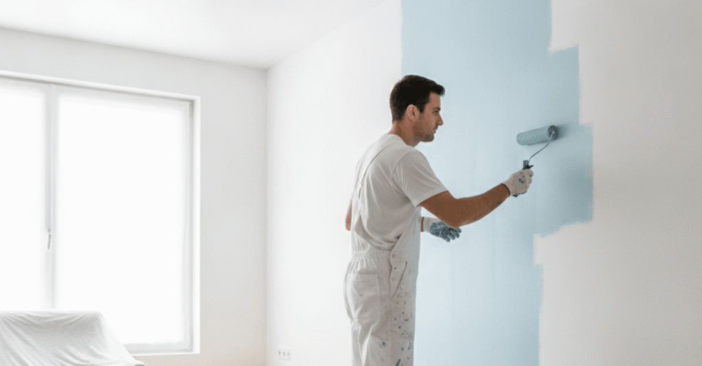 Pintor Basauri trabajando en la pared de una sala de estar, aplicando pintura con un rodillo de forma profesional y uniforme.