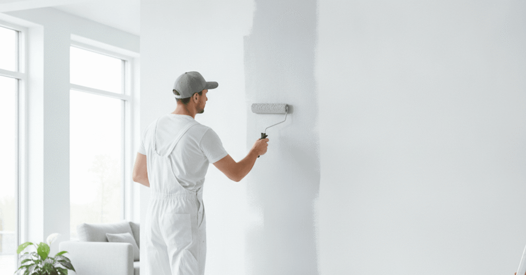 Pintor en Erandio aplicando pintura en una pared interior, con herramientas y materiales organizados. La escena muestra un trabajo de pintor Erandio de calidad.