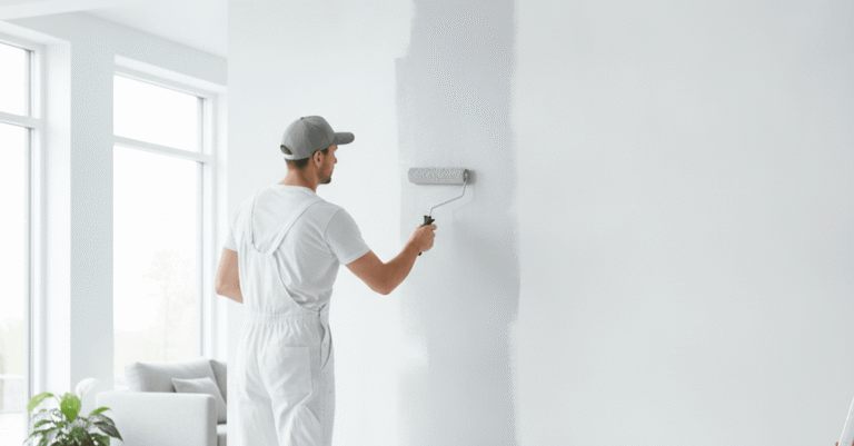 Pintor en Erandio aplicando pintura en una pared interior, con herramientas y materiales organizados. La escena muestra un trabajo de pintor Erandio de calidad.
