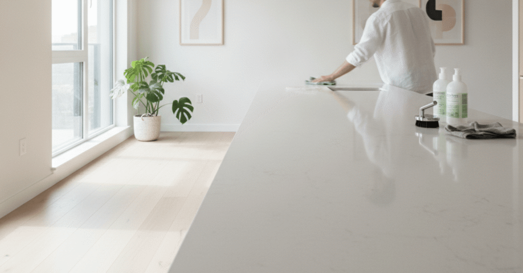Servicio profesional de limpieza getxo en un apartamento moderno, con una persona limpiando una superficie brillante.