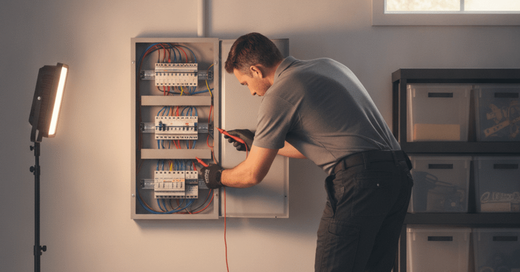 Hombre electricista portugalete revisando cuadro eléctrico en una vivienda moderna
