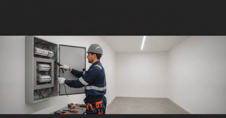Un electricista barakaldo profesional revisando un cuadro eléctrico en una vivienda moderna.