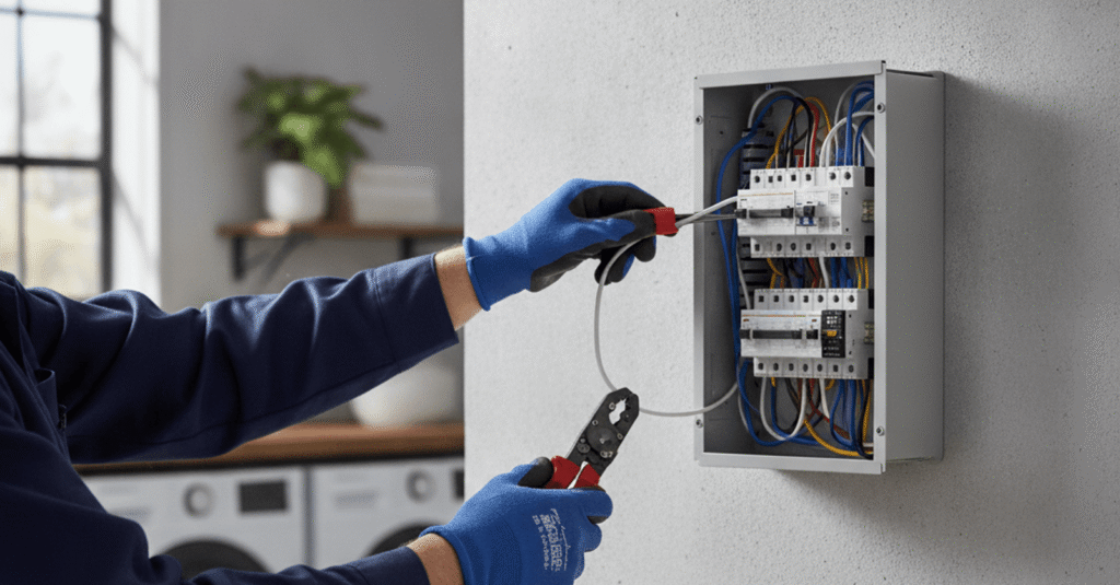 Servicios de electricista en Getxo realizando una instalación eléctrica segura y eficiente en una vivienda moderna.