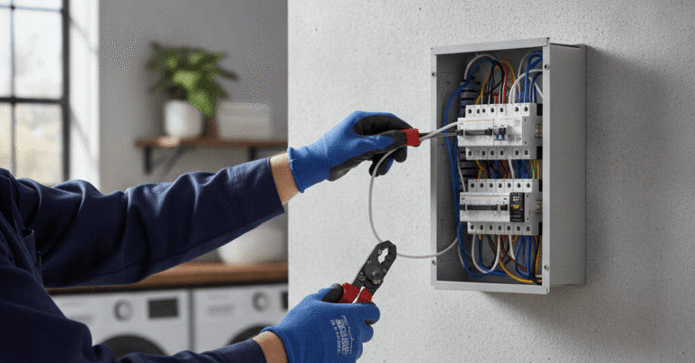 Servicios de electricista en Getxo realizando una instalación eléctrica segura y eficiente en una vivienda moderna.