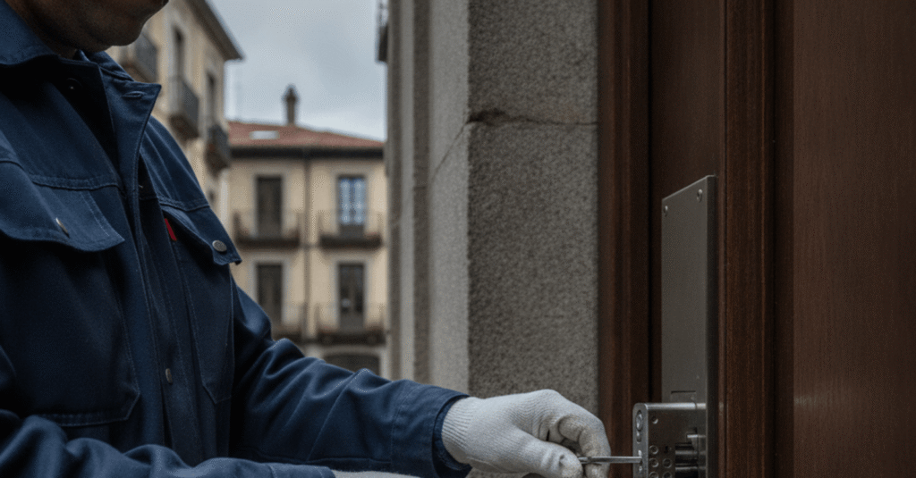 Cerrajero Barakaldo abriendo una cerradura de alta seguridad con herramientas especializadas, mostrando profesionalidad y rapidez en el servicio.