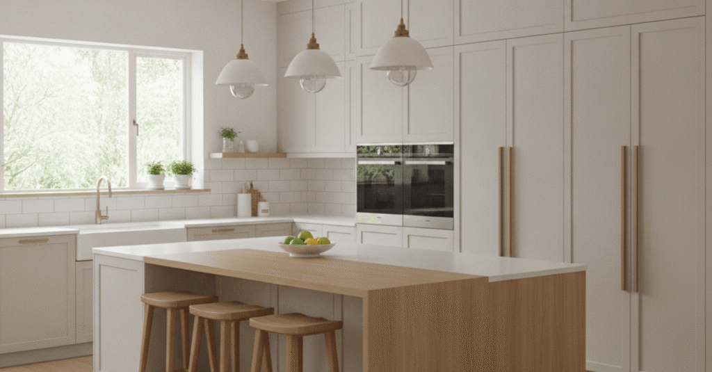 Una cocina moderna y luminosa tras una reforma completa, destacando los acabados de alta calidad en reformas portugalete.