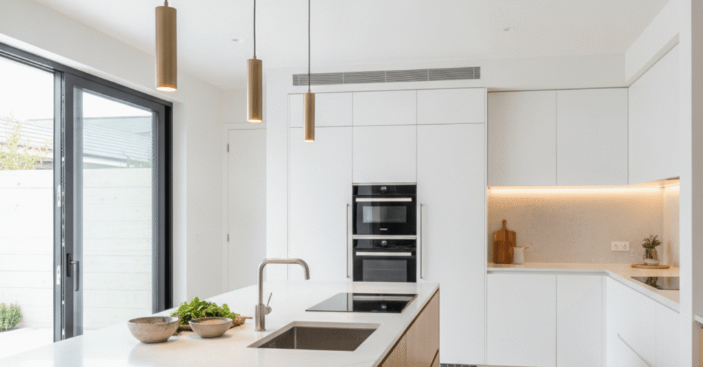 Una cocina moderna y luminosa tras unas reformas Getxo, con electrodomésticos integrados y una isla central. Se aprecian detalles de alta calidad y un diseño funcional.