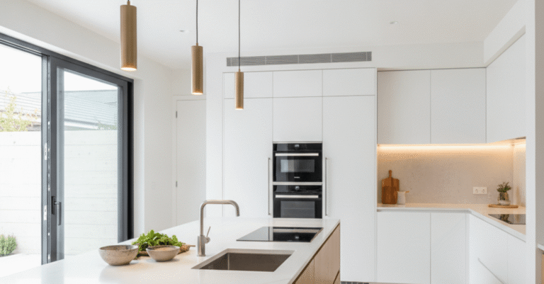 Una cocina moderna y luminosa tras unas reformas Getxo, con electrodomésticos integrados y una isla central. Se aprecian detalles de alta calidad y un diseño funcional.