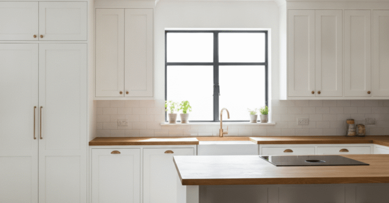 Una cocina moderna y luminosa recién reformada en Basauri, con muebles blancos y encimera de madera, mostrando el acabado de calidad de las reformas Basauri.