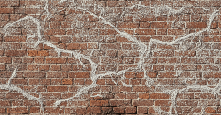 eflorescencias en ladrillo causa: manchas blancas de sal en la superficie de un muro de ladrillo antiguo