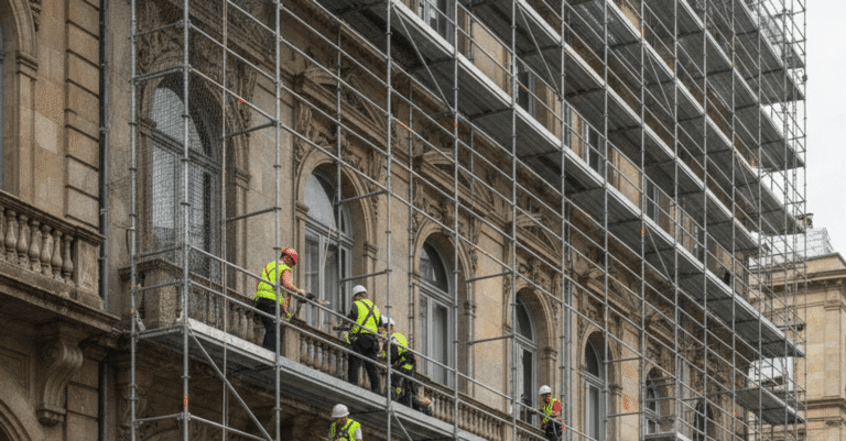 Edificio antiguo en Bilbao con andamios, representando la necesidad de saber cuando es obligatoria la ITE en bizkaia y el proceso de inspección y rehabilitación.
