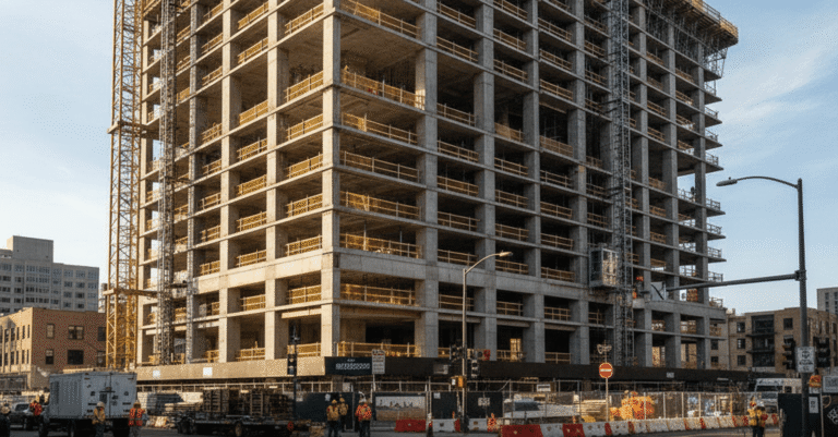 Edificio moderno en construcción con operarios, simbolizando la importancia del seguro decenal obra nueva para la seguridad estructural y la tranquilidad del propietario.