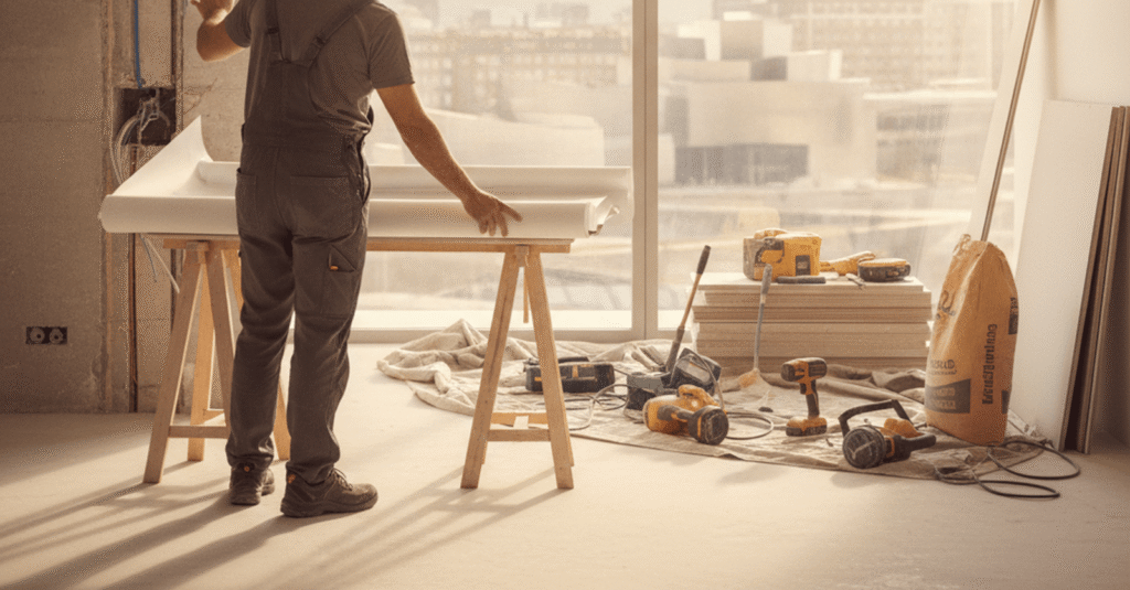 Hombre consultando planos con un derribo tabique permiso comunidad de fondo en una vivienda en Bilbao.
