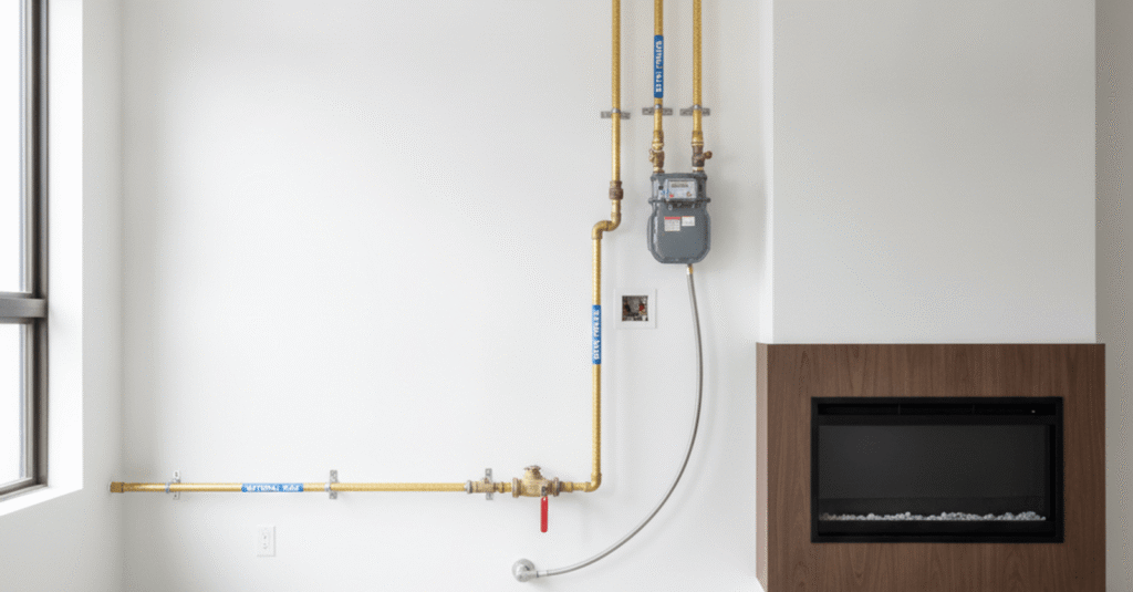 La normativa instalacion gas natural vivienda es clave en cualquier reforma, mostrando un contador de gas y tuberías en un interior moderno y seguro.
