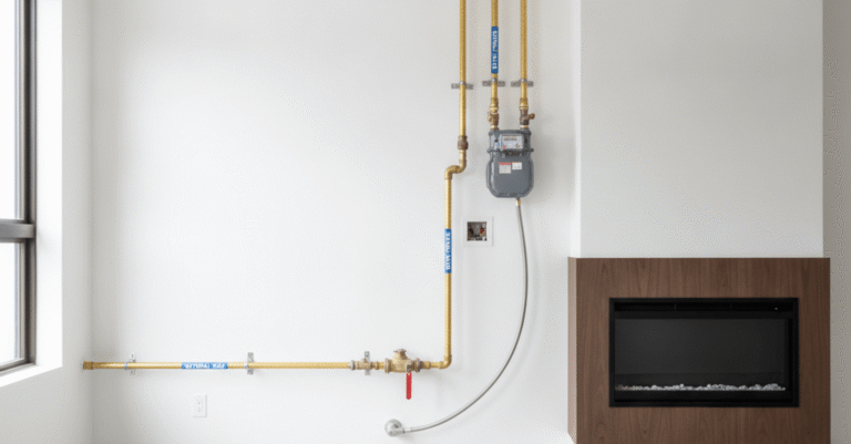 La normativa instalacion gas natural vivienda es clave en cualquier reforma, mostrando un contador de gas y tuberías en un interior moderno y seguro.