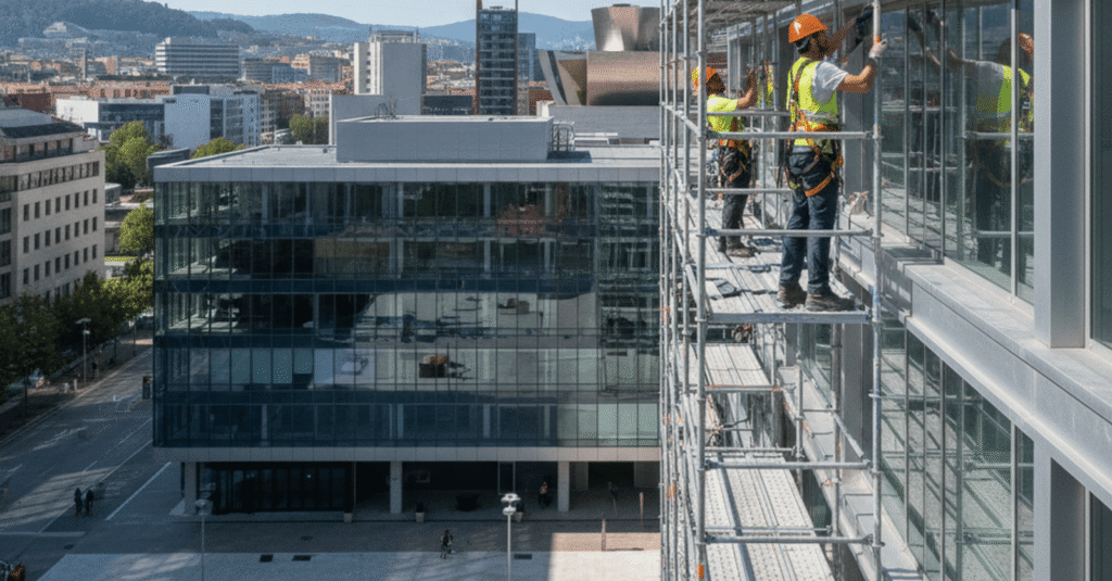 Trabajadores montando un andamio en una fachada para una reforma, mostrando donde alquilar andamio bilbao