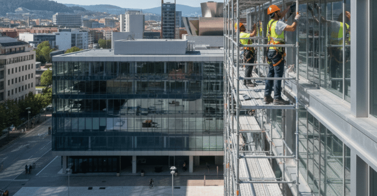 Trabajadores montando un andamio en una fachada para una reforma, mostrando donde alquilar andamio bilbao