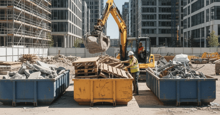 Contenedores de reciclaje y escombros de obra en Bilbao, mostrando dónde reciclar escombros obra bilbao de manera organizada.