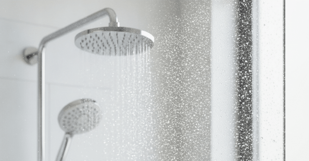 como quitar la cal de la mampara y los grifos en un baño moderno y limpio