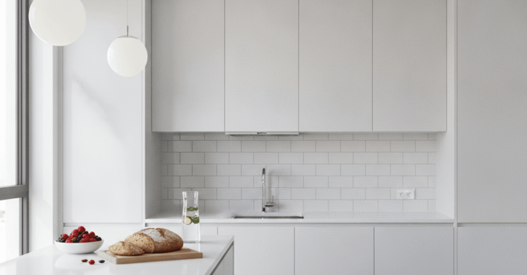 Una cocina moderna y luminosa con azulejos recién pintados, demostrando que pintar los azulejos de la cocina funciona de verdad.